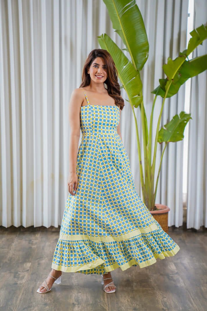 Blue & yellow checkerred Gown