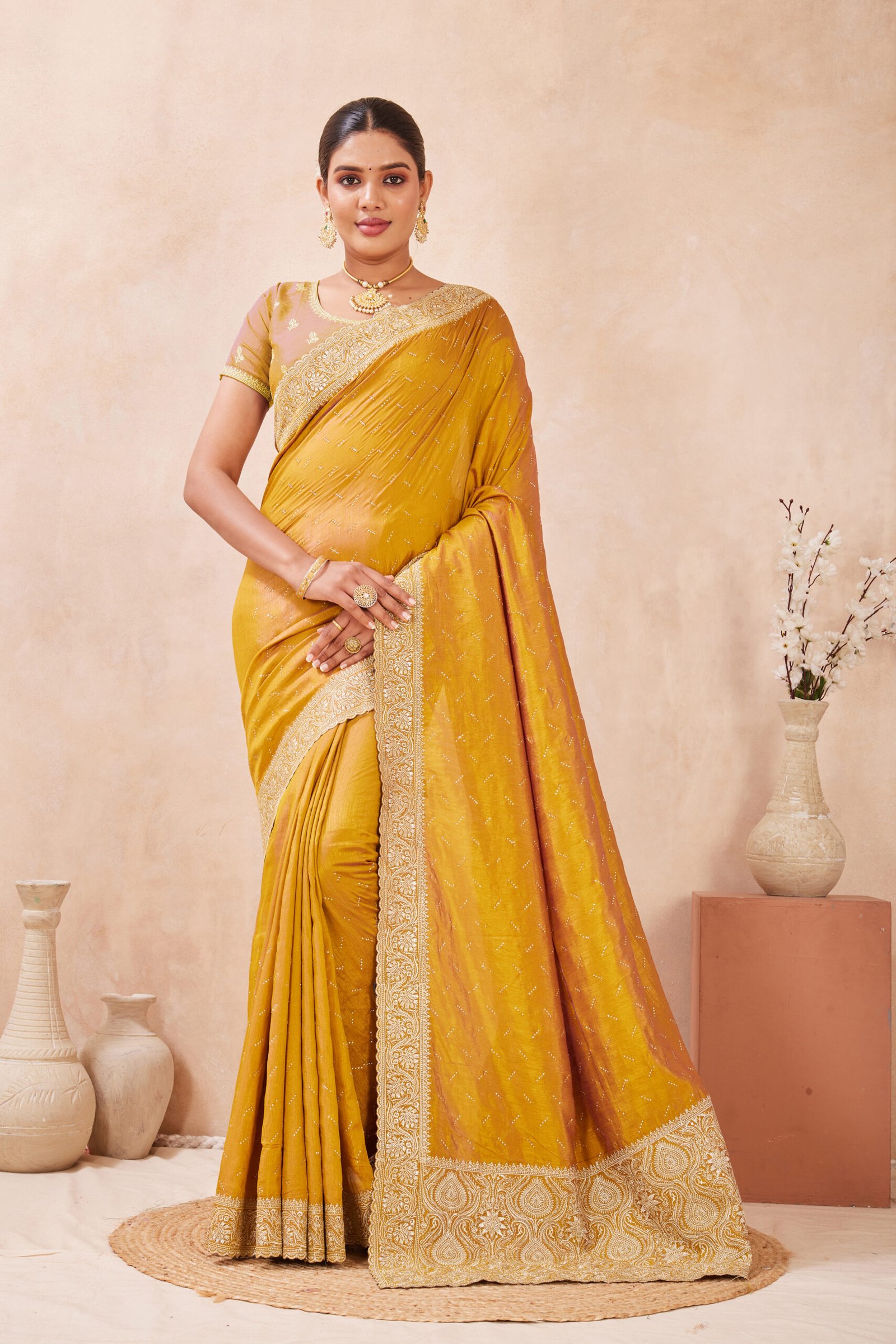 Mustard Kesariya Silk Saree